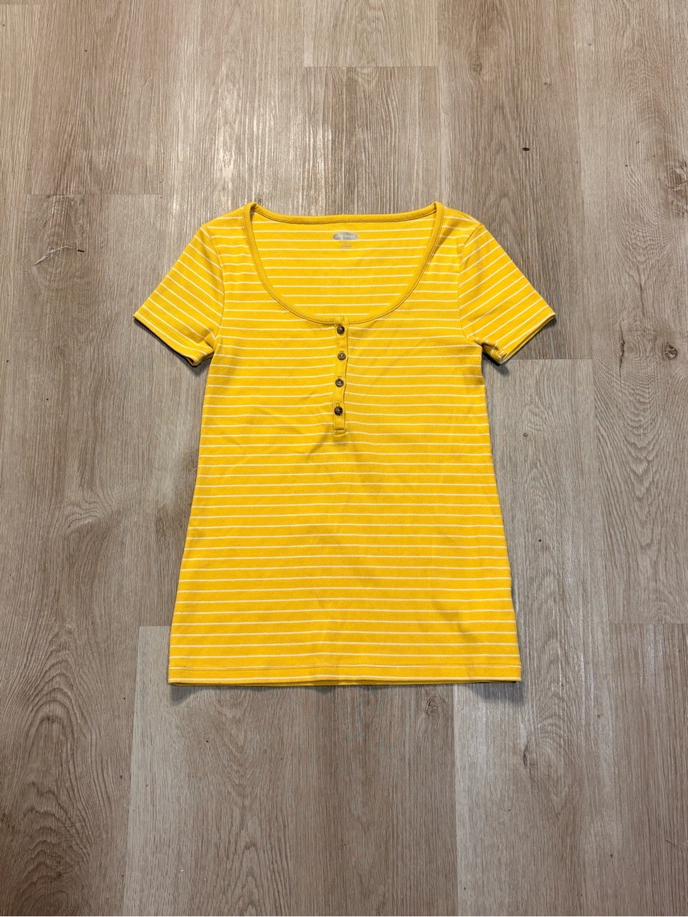 Old Navy Yellow & White Striped Henley Top Size Small Preppy Layering Summer